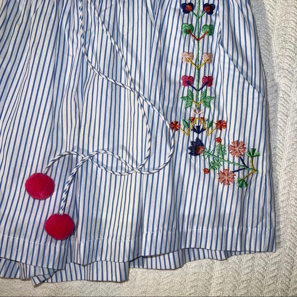hazel Blue & White Striped Embroidered Pom Pom Shorts